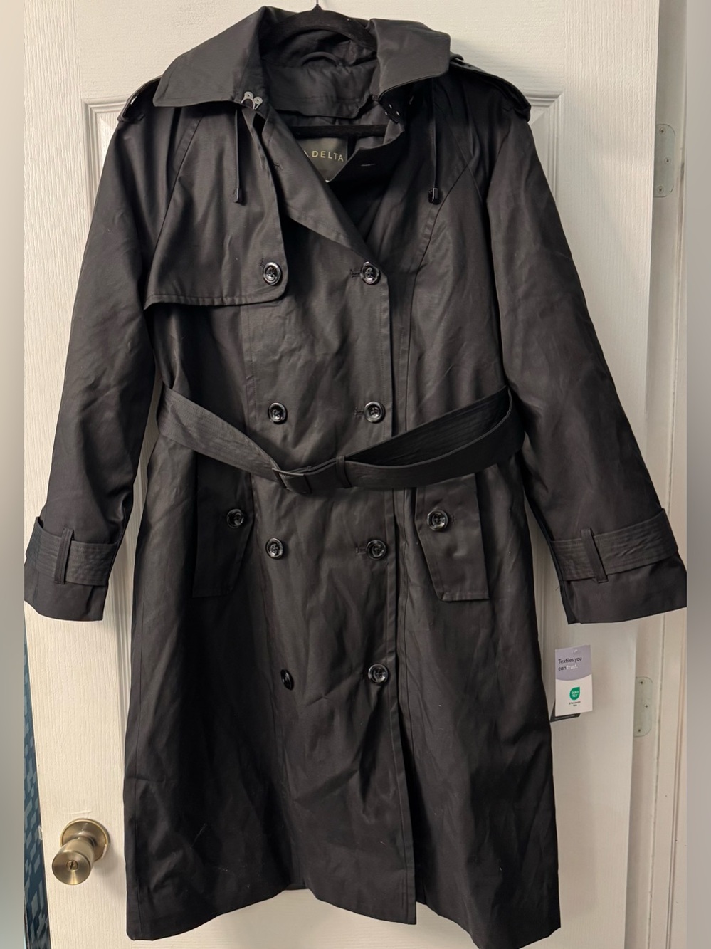 Delta Airlines Black Double-Breasted Hooded Trench with Waist Belt